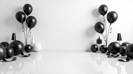 Elegant black balloons float in a minimalist studio setting, creating a sophisticated atmosphere for celebrations or product displays.