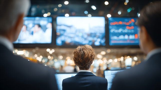 A group of business professionals observing financial data on multiple screens in a modern office environment.