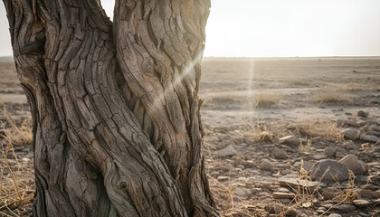 A close-up of a gnarled tree trunk basking in bright desert sunlight, perfect for environmental themes or nature-focused projects.