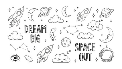 Dream Big, Space Out: A whimsical illustration with rockets, planets, and celestial elements invites you to Dream Big and Space Out.