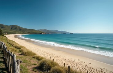 Expansive sandy beach curves along azure ocean waters, green rolling hills under clear blue sky. Waves gently wash ashore on coastline beside tall dune grass, rustic wooden fence. People visible in