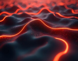 Obraz premium Abstract topographic lines glow with red neon light over dark textured surface. Wavy landscape creates deep perspective illusion. Futuristic terrain design.