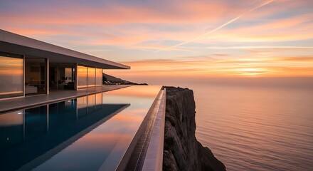 Modern villa with infinity pool overlooking the ocean at sunset scenery