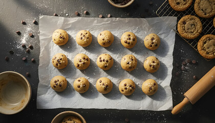 Rows of chocolate chip cookie dough balls on parchment paper, ideal for baking enthusiasts and recipe blogs.