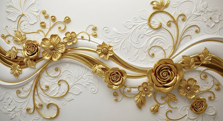Gold and White Floral Relief 3D wallpaper, 3D Wall Mural, Motif Illustration, textile tile wall art
