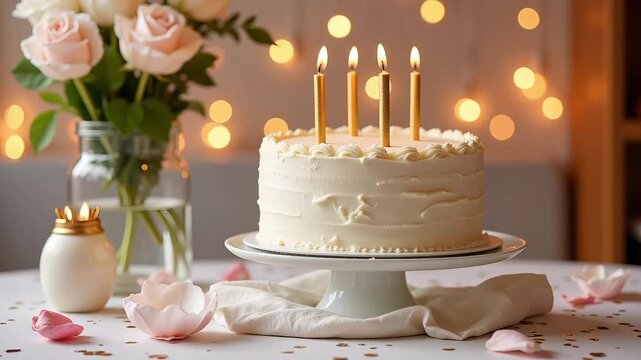 Elegant white birthday cake with lit candles and soft floral arrangements evokes a joyous celebration atmosphere perfect for special occasions.