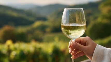 Wine Vineyard Toast, hand holding white wine glass with relaxed joy, sunlit hillside bokeh background, natural lifestyle photography for winery tourism, tasting, hospitality branding and travel