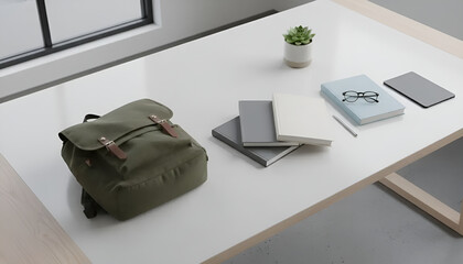 Clean and organized top view of a minimalist desk with a backpack, notebooks, and a tablet, perfect for students and creative minds.