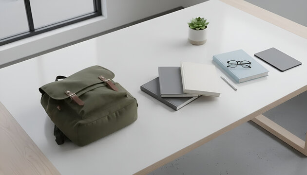 Clean and organized top view of a minimalist desk with a backpack, notebooks, and a tablet, perfect for students and creative minds. - Powered by Adobe