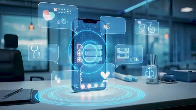 AI-driven mobile health chat system providing virtual consultation, symptom guidance, patient assistance, medical information access, and digital wellness services through smart messaging features.