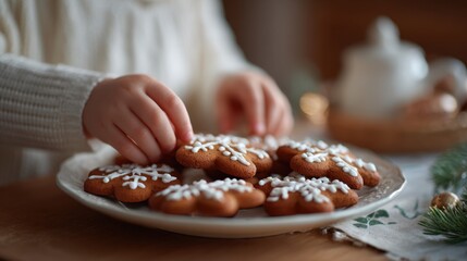 Child hands decorating gingerbread cookies, joyful and cozy mood, close-up food photography with white icing snowflakes for Christmas baking, family tradition storytelling, festive kitchen scenes,