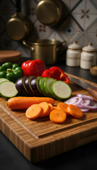 Vibrant sliced vegetables including carrots, cucumbers, and bell peppers on a wooden cutting board, ideal for food blogs or healthy recipe books.