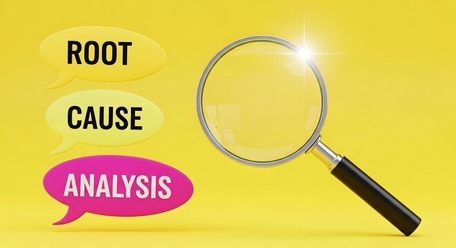 Root cause analysis concept with magnifying glass and speech bubbles on yellow background