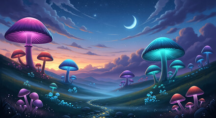 Mystical valley of bioluminescent fungi under a starry night sky