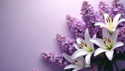 White lilies and purple lilacs arranged elegantly on soft purple background. Gentle floral composition for spring themes and beauty concepts. Delicate flowers signify purity and grace.