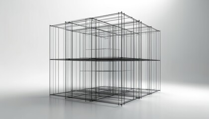 Wireframe structure of a cube house with multiple floors and internal divisions. Black lines create a geometric blueprint of a modern building concept.