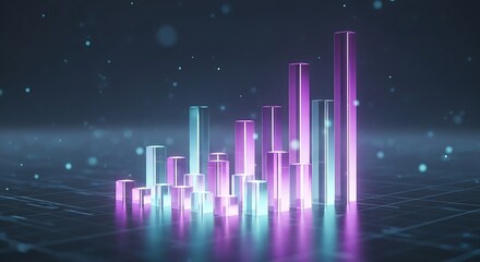 Abstract glowing 3d bar chart data visualization with neon light effect on dark digital background representing finance growth or technology analysis