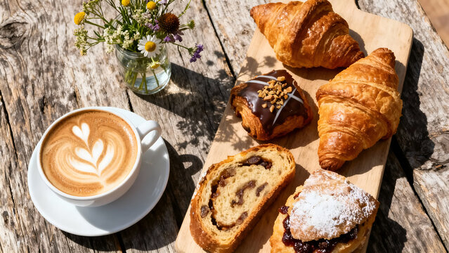 Delight in a cozy arrangement of croissants and chocolate pastries with latte art coffee on a rustic wooden table, perfect for brunch.