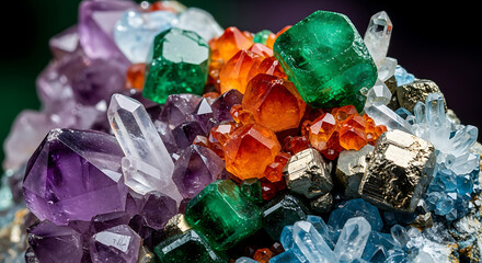 Vibrant cluster of natural crystals and faceted minerals closeup