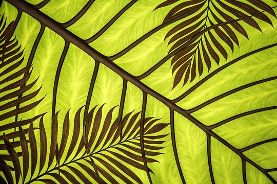 Vibrant close up of a large green leaf with intricate dark veins and smaller fern like fronds - Powered by Adobe