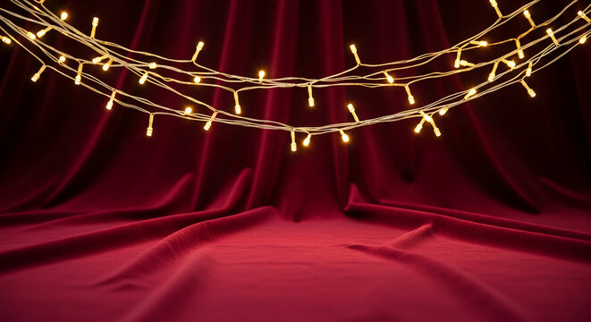 Maroon velvet drape with string light illuminating empty space, showcasing elegance and festive mood, perfect for presentation or celebration concept