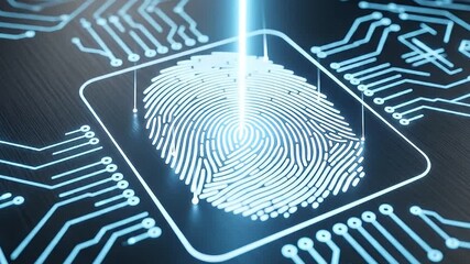 A futuristic digital fingerprint icon illuminates brilliantly on a sophisticated circuit board, with a radiant beam of light meticulously scanning its intricate ridges. This abstract technological ani - Powered by Adobe