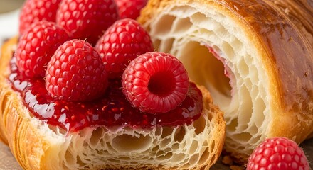 Indulge in the exquisite taste of a flaky croissant, adorned with vibrant red raspberries and luscious jam for a delightful and delicious treat