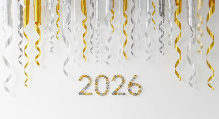 Bright streamers cascade down against pure white wall, featuring number 2026