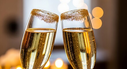 Two champagne flutes with gold sugarrimmed edges filled with sparkling wine clinking together in a celebratory toast with warm bokeh lights in the background