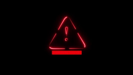 Warning attention grabbing icon with triangle highlights the importance of digital safety interconnected world. Neon red colored danger problem alarm animation symbol on a black background.
