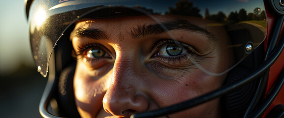 Close-up of intense eyes of a woman wearing a helmet at sunset