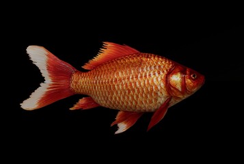 A detailed 3D render of a vibrant orange goldfish isolated on a pure black background, showcasing realistic scales, fins, and reflective textures ideal for aquarium concepts, nature themes