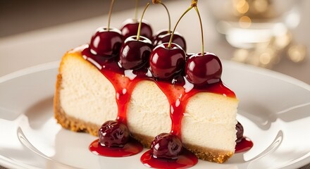 Indulge in creamy cheesecake topped with luscious cherries and sweet sauce, perfect for dessert menus, baking blogs, or celebrating sweet moments