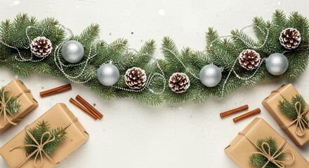 Overhead shot of Christmas arrangement with pine branches, silver baubles, pine cone, gift and cinnamon sticks, representing festive spirit and celebration