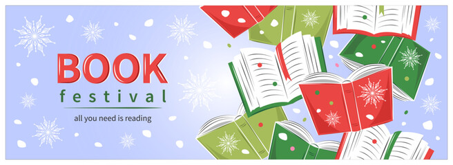 Book festival banner for bookstore, shop or library. Books with winter decor and snowflakes. Vector illustration for poster, cover, marketing, sale.