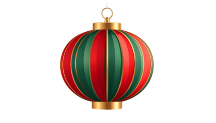 A festive Christmas ornament with red and green vertical stripes, gold accents, and a hanging loop.