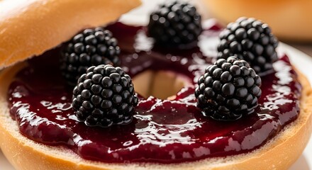 Sweet blackberry jam on a fresh bagel, a delightful breakfast treat or brunch option, showcasing homemade goodness and culinary delight with vibrant flavors