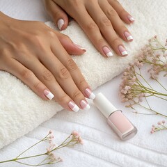 Woman's hands with elegant French manicure resting on a soft white towel with nail polish and delicate flowers