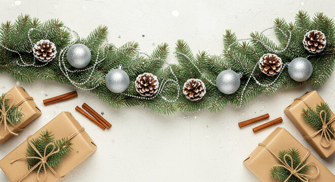 Overhead shot of Christmas arrangement with pine branches, silver baubles, pine cone, gift and cinnamon sticks, representing festive spirit and celebration