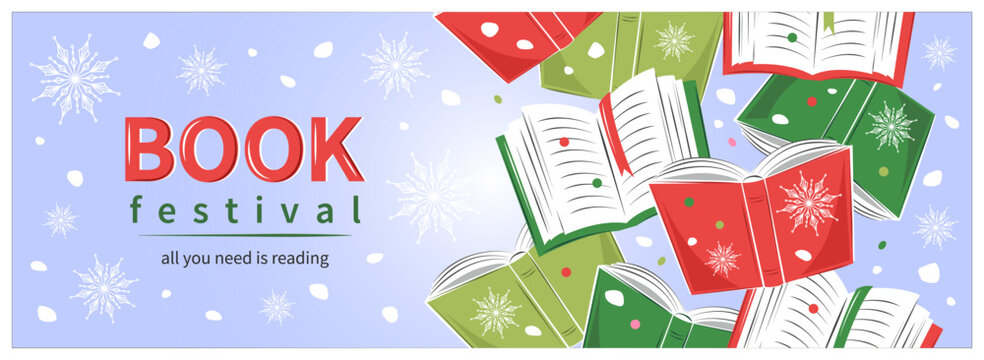 Book festival banner for bookstore, shop or library. Books with winter decor and snowflakes. Vector illustration for poster, cover, marketing, sale.