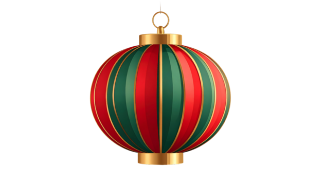A festive Christmas ornament with red and green vertical stripes, gold accents, and a hanging loop.