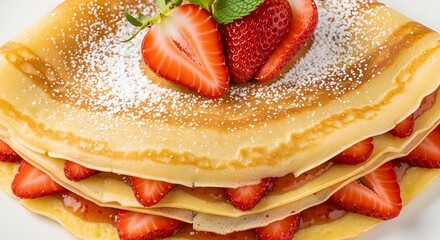 Sweeten your day with delicious strawberry crepes, a delightful treat drizzled with powdered sugar and jam, perfect for breakfast or a summer dessert