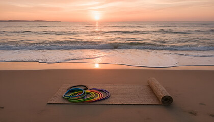 Vibrant beach scene at sunset showcasing colorful fitness hoops on a mat, perfect for wellness ads or travel brochures.