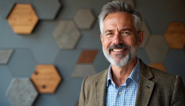 Mature smiling man poses indoors. Businessman wears jacket and shirt. Grey haired adult looks at camera. Geometric backdrop adds modern touch, creating a corporate or creative ambiance.