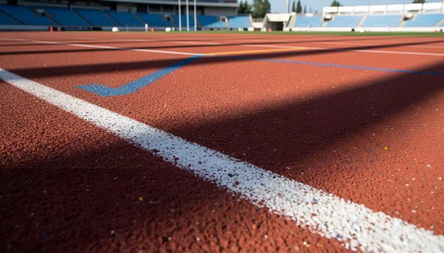 Detailed view of a track field surface featuring vibrant red, blue, and white lines, ideal for sports-related articles or promotional materials. - Powered by Adobe
