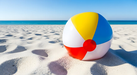 Obraz premium Colorful Beach Ball on White Sand Near Ocean Under Clear Blue Sky