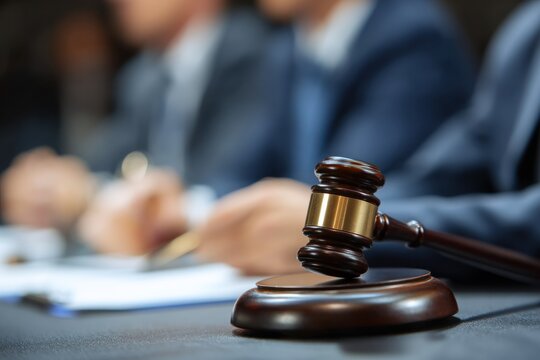 Gavel on desk in a courtroom setting