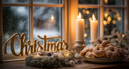 Cozy Christmas scene with candles, wreath, cookies perfect for holiday cards and greetings