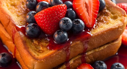 Golden french toast with vibrant strawberries and blueberries drizzled with sweet syrup, perfect for a delicious brunch or breakfast celebration