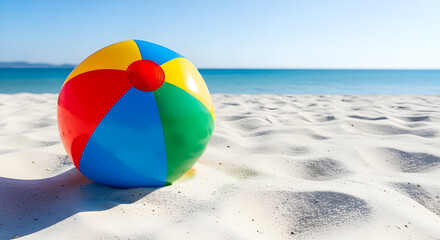 Obraz premium Colorful Beach Ball Sitting on White Sand with Ocean and Clear Sky in Background